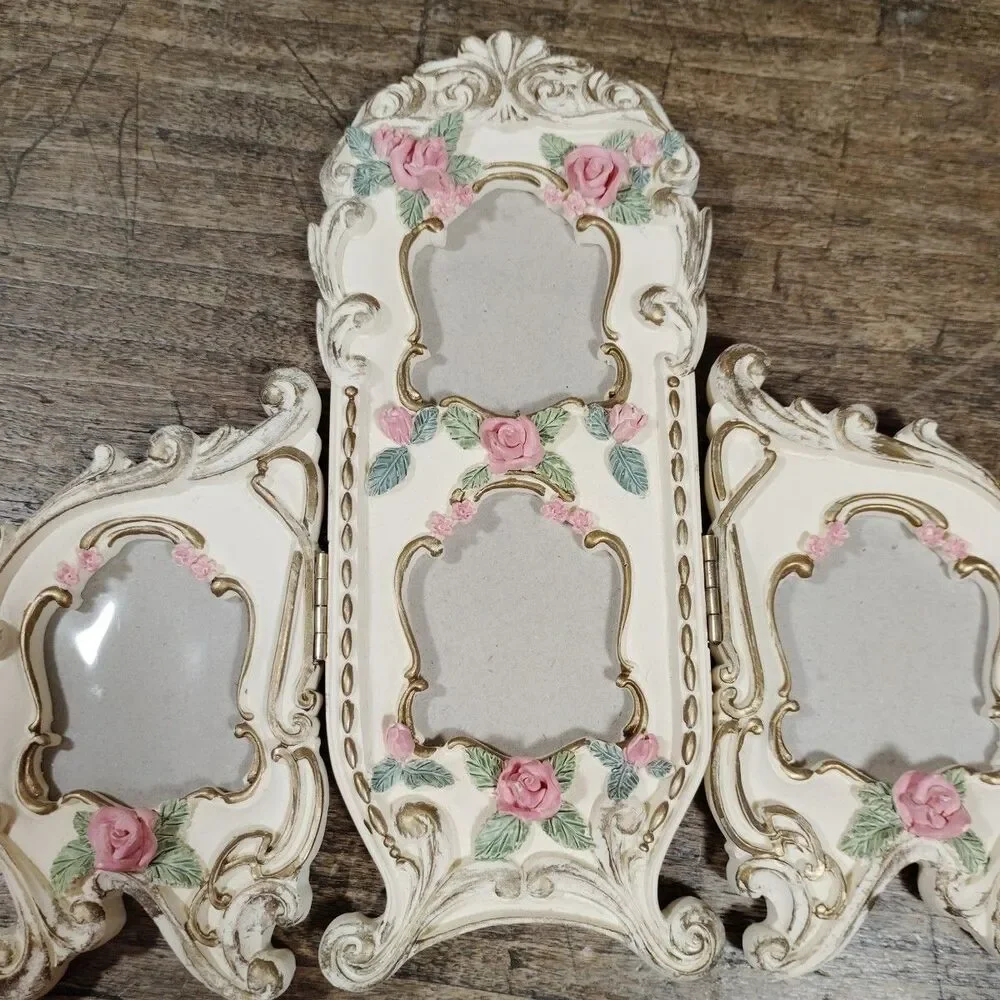 Vintage Victorian Photo Frame Roses Four Photos Floral Flowers Tri Fold Standing